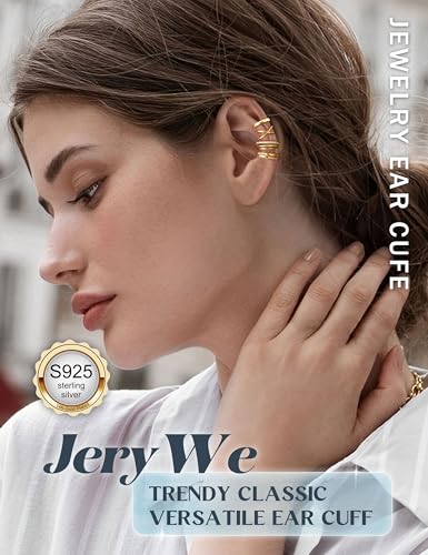 JeryWe 4 Pcs 925 Sterling Silver Ear Cuff for Women Non Piercing Adjustable Ear Cuff Earrings Clip On Cartilage Helix Wrap Ear Jewelry Set - color: 14K Gold Plated