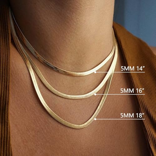NECOCY 14K Gold Plated Necklaces for Women, Dainty Gold Herringbone Choker Necklace Thin Layered Snake Chain Jewelry for Gifts - color: 5MM 18"-GD Herringbone Necklace
