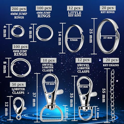 Teenitor 524PCS Keychain Making Kit, Key Chain Clips, Key Chain Rings, Lanyard Hooks Lobster Claw Clasps, Key and Jump Rings for Keychain Making Jewelry Lanyard - color: Silver
