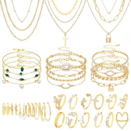 NEWITIN 49 Pieces Gold Jewelry Set for Women Fashion Costume Jewelry Gold Plated Necklace Bracelet Ring Earrings Set for Women - color: Gold Jewelry Set B