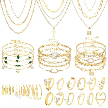 NEWITIN 49 Pieces Gold Jewelry Set for Women Fashion Costume Jewelry Gold Plated Necklace Bracelet Ring Earrings Set for Women - color: Gold Jewelry Set B