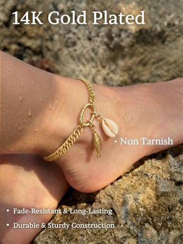 Anklets for Women Waterproof, 14K Gold Plated Anklet Non Tarnish | Ankle Bracelet for Women with Removable Starfish Shell Charms, Cuban Link Anklet for Big Ankles, Summer Beach Jewelry - style: Style3