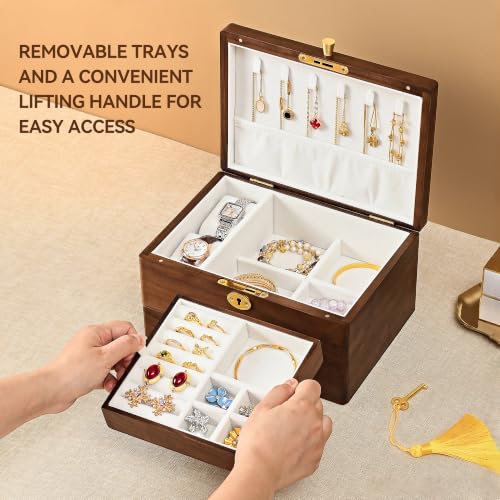 Black Walnut Jewelry Box for Women, Top Lock Wooden Organizer with Drawer | 3 Layer, Solid Wood, Removable Tray, Lock Key, Necklace Ring Earrings Watch Bracelet Case, Handcrafted, Gift for Mom Girls - color: 3 Layer Top Lock