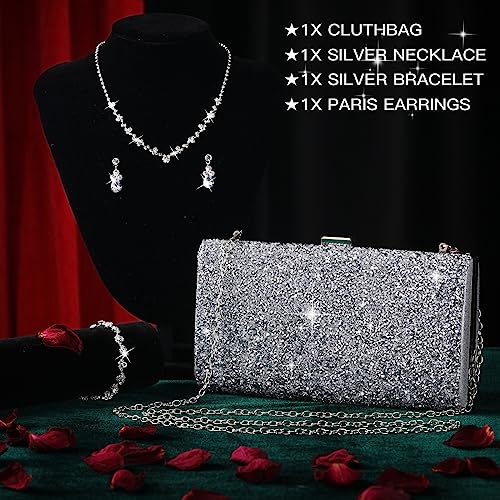 Mixweer 4 Pieces Clutch Purses Bag for Women Evening Rhinestone Jewelry Set Bling Necklace Earrings Bracelets Set for Wedding - style: Chic Style