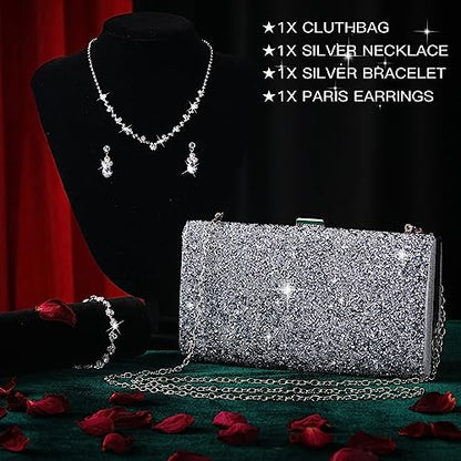 Mixweer 4 Pieces Clutch Purses Bag for Women Evening Rhinestone Jewelry Set Bling Necklace Earrings Bracelets Set for Wedding - style: Chic Style