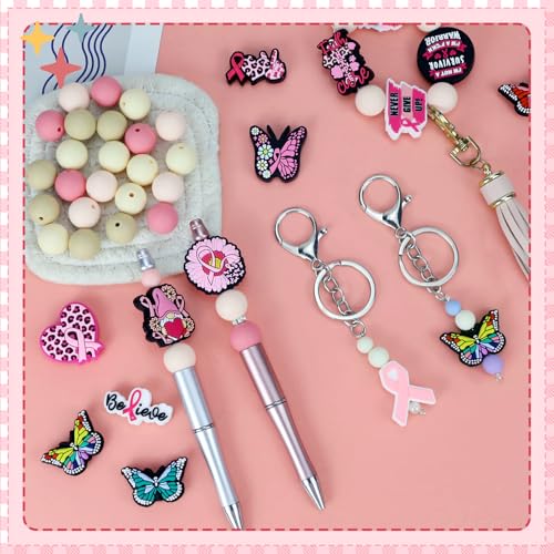 12pcs Breast Cancer Awareness Silicone Focal Beads for pens | Focal Beads for Keychain Making,Pens,Bracelet,Necklace Crafts,Bulk Silicone Beads for DIY（Breast Cancer Awareness） - color: Breast Cancer