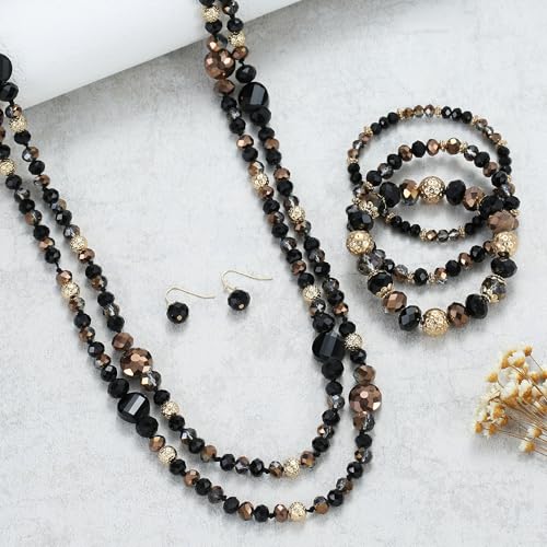 Trendy Infinity Wrap 60’’ Long Statement Necklace, Earrings and Bracelet Set - Hand Knotted Versatile Crystal and Shell Beads Strand Necklace and Chunky Beaded Stretch Bracelet Stack – Jewelry Set Gift for Women - color: Black