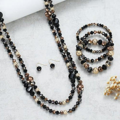 Trendy Infinity Wrap 60’’ Long Statement Necklace, Earrings and Bracelet Set - Hand Knotted Versatile Crystal and Shell Beads Strand Necklace and Chunky Beaded Stretch Bracelet Stack – Jewelry Set Gift for Women - color: Black