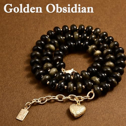 Boho Gemstone Beaded Necklace for Women – Colorful Natural Stone Choker 18K Solid Heart-Shaped Pendant, Summer Beach Jewelry - color: Golden Obsidian
