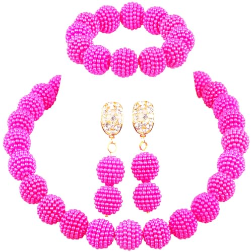 Nigerian Wedding African Beads Jewelry Set Women Simulated Pearl Necklace and Earrings - color: Hot Pink