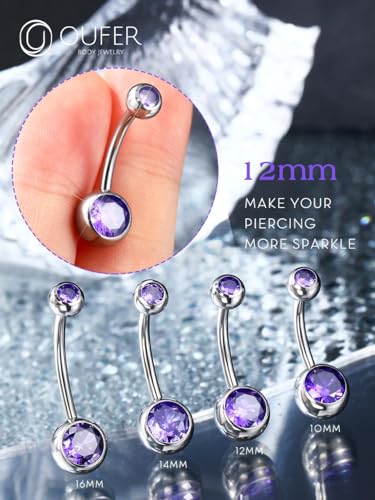 OUFER Titanium Belly Button Rings, Internally Threaded Belly Ring, Round CZ Navel Rings for Women Men - color: Purple, size: 1.6*12MM