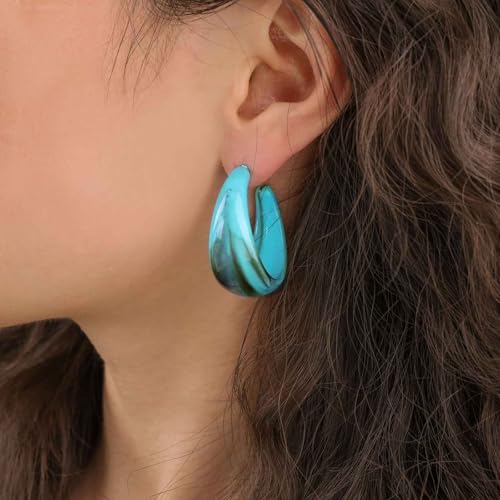 Punk Turquoise Hoop Earring Chunky Acrylic Hoop Earrings Blue Turquoise Circle Earring Acrylic Resin Hoops Earrings Wide C Shape Western Statement Jewelry for Women - color: Blue