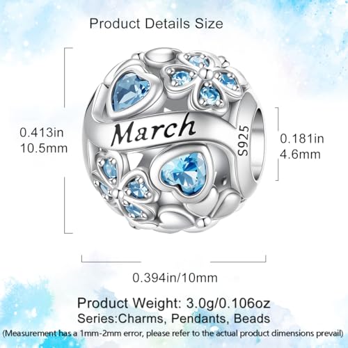 HappyStar 925 Sterling Silver Four Leaf Clover Bead Charm with Cubic Zirconia Birthstone Charms for Bracelets Dangle Pendant Compatible Pandora Bracelets Lucky Charm Birthday Gift - color: 3-March Birthstone Bead