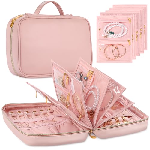Leather Travel Jewelry Case Organizer,Jewelry Storage Book Binder with Clear Zipper Pouch & Lining-Portable Jewelry Bag for Earrings,Rings,Necklaces,Bracelets (Pink) - color: Pink