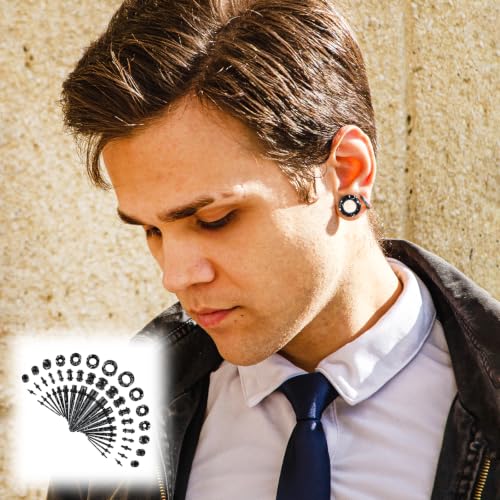 50 Pcs Ear Stretching Kit, Acrylic Gauges for Ears 14G-00G | Lightweight Tapers+ Plugs+ Silicone Tunnels, Gauge Stretching Kit, Piercing Earring Jewelry for Men, Women, Starter Expanders - color: Black & White Splatter
