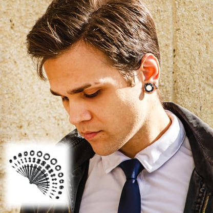 50 Pcs Ear Stretching Kit, Acrylic Gauges for Ears 14G-00G | Lightweight Tapers+ Plugs+ Silicone Tunnels, Gauge Stretching Kit, Piercing Earring Jewelry for Men, Women, Starter Expanders - color: Black & White Splatter