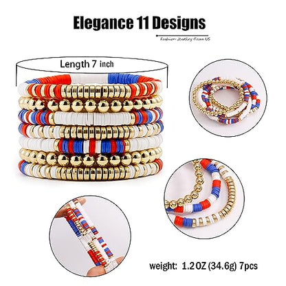 Elegance 11 designs Heishi Beaded Bracelets For Women Polymer Clay Colorful Surfer Stackable Beads Boho Bracelet Summer Beach Jewelry - color: Red white blue