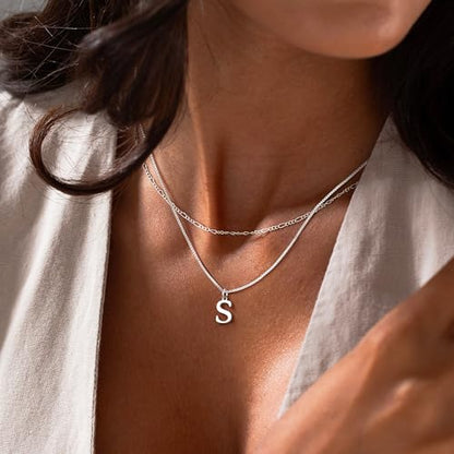 MBW Dainty Silver Layered Initial A-Z Pendant Necklaces for Women Thin | Simple Waterproof 925 Silver Plated Necklace Figaro Choker Monogram Name Jewelry Set Personalized - color: Silver InitIal NK-S