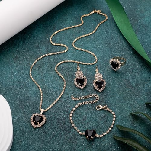4 Pcs Heart Jewelry Set for Women fashion Cubic Zirconia Pendant Necklace Bracelet Earrings Dainty Open Ring Charm Prom Party, Birthday Valentines Mothers Day Christmas Jewelry Gift - style: Black
