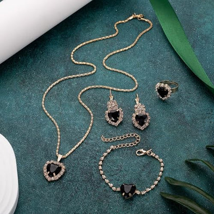 4 Pcs Heart Jewelry Set for Women fashion Cubic Zirconia Pendant Necklace Bracelet Earrings Dainty Open Ring Charm Prom Party, Birthday Valentines Mothers Day Christmas Jewelry Gift - style: Black