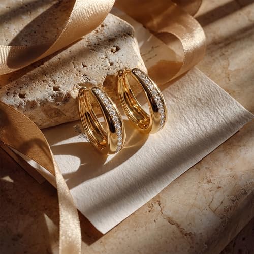 MEVECCO Chunky Huggie Hoop Earrings for Women Starburst Beaded Styles | 18K Gold Plated Brass, Triple Or Single Cubic Zirconia Star Details, Graduated Rounded Profile, Front Stone Row - style: Middle CZ Hoop