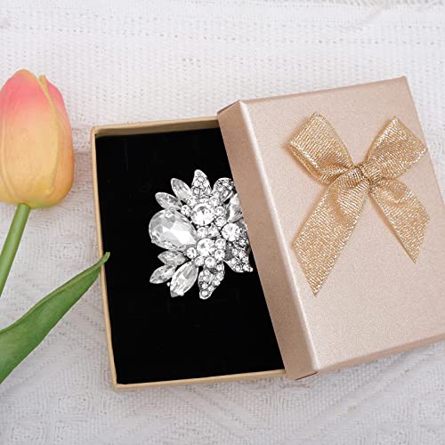 CSY Luxury Froral Cocktail Statement Rings Stretch Adjustable Ring | Gorgeous Women's Austrian Crystal Leaves Flower Big Cocktail Statement Rings Stretch Adjustable Ring Jewelry Accessories - color: White Crystal