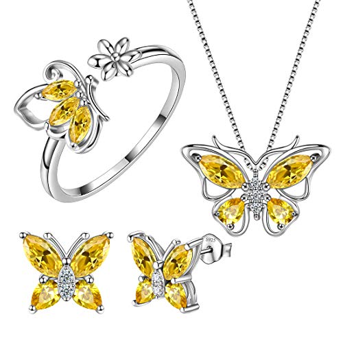 Aurora Tears Butterfly Jewelry,Women 925 Sterling Silver Butterflies Birthstone Pendant Necklace/Earrings/Rings Wedding Gift - color: K.November-set 2