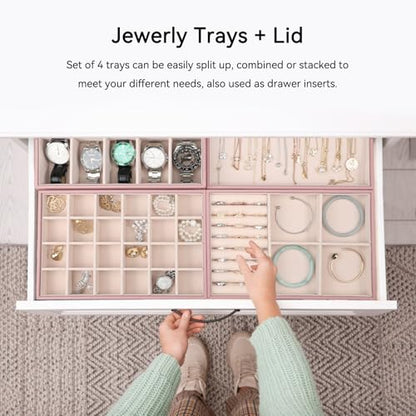 Voova Stackable Jewelry Organizer Tray with Lid (Set of 4, Rose Gold) | Stackable PU leather jewelry trays with drawer inserts for earrings, rings, necklaces, bracelets and watches; set of 4 - color: Rose Gold