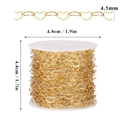 16.5FT Gold Heart Chain Roll 4.5mm Stainless Steel Chain for Jewelry Making | 18K Gold PVD Plated Heart Link Chain Spool Bulk for Necklace Bracelet Crafts - color: gold color
