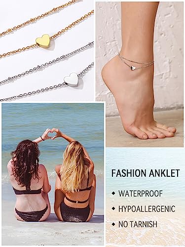 FaithHeart Waterproof Ankle Bracelets for Women, 1/2/3Pcs Non Tarnish Stainless Steel Layered Anklet Set Paperclip Figaro Cuban Link Chain Dainty Summer Beach Jewelry Gift Adjustable Size - style: b.Heart - Silver