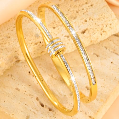 Camhanno Gold Bangles for Women - Stainless Steel Love & Friendship Bracelet Set with Gift Box | Daily Wear & Party Jewelry - color: 2pcs Gold Set Style 2