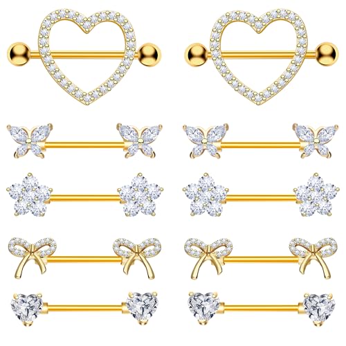 BSJ4U Nipple Piercing Jewelry 14G Stainless Steel Nipple Rings for Women Heart Butterfly Flower Bow Nipple Barbells - color: Gold Clear CZ Nipple Piercing Jewelry