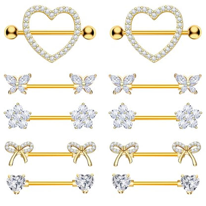 BSJ4U Nipple Piercing Jewelry 14G Stainless Steel Nipple Rings for Women Heart Butterfly Flower Bow Nipple Barbells - color: Gold Clear CZ Nipple Piercing Jewelry