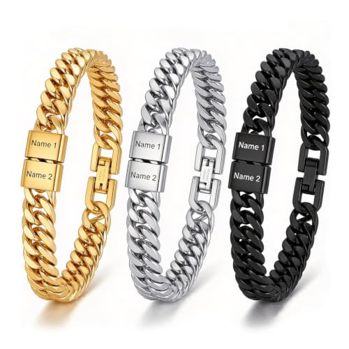 LAPE Custom Cuban ID Bracelet for Men with Engraved Name Stainless Steel | Custom engraved name beads, stainless steel Cuban chain, personalized men jewelry, gift for husband, dad, lover, friend