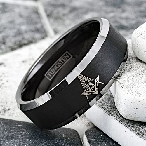 Personalized Engraved 8mm Brushed Satin Finish Black Tungsten Carbide Band Ring with Masonic Freemason's Logo & Polished Silver Beveled Edges.