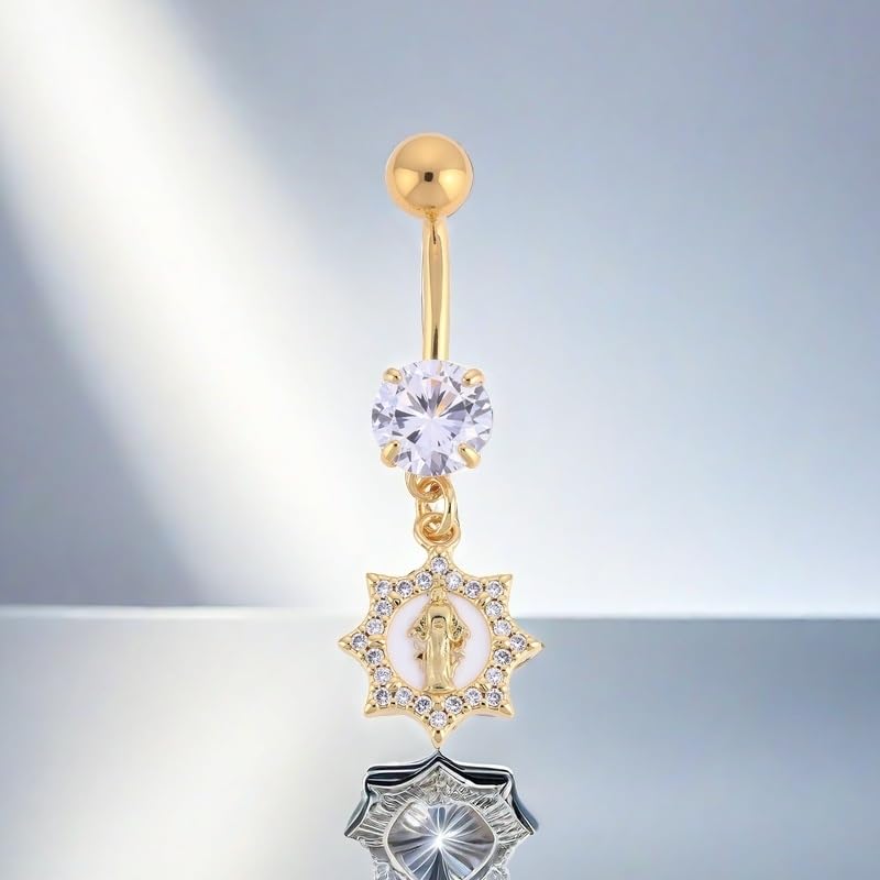 B BodyPJ Sparkles 14G Religious Belly Button Ring with Crystal Cross and Religious Charms, Stainless Steel - style: Type D,Gold