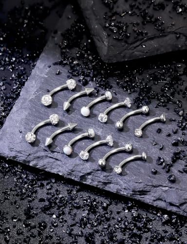 16G Eyebrow Ring Piercing Jewelry Surgical Steel CZ Opal Ball Spike Curved Barbell Vertical Labret Lip Ring Rook Daith Earrings Belly Button Ring Piercing Jewelry for Women Men 6MM 8MM 10MM - color: Silver, size: 16G, 10mm Length