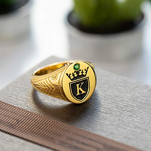 Getname Necklace Initial Signet Ring Sterling Silver King Crown Monogram Ring - Custom Engraved Alphabet Rings for Man - Personalized Mens Signet Ring Silver Gold