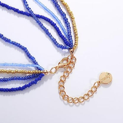 Coiris Long Seed Beaded Multi Strand Necklace,10 Multiple Statement Long Bib Necklace with Tie Knot for Women and Girls Jewelry - color: Royal Blue