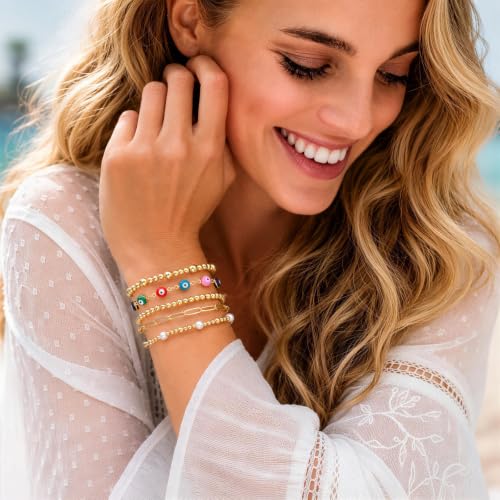 XUANPAI Evil Eye Bracelet for Women, 14K Gold Plated Beaded Bracelet Set | 5PCS Stackable Dainty Nazar Bracelet, Adjustable Turkish Eye Good Luck Protection Jewelry Gift for Mother’s Day Birthday - color: Multicolor
