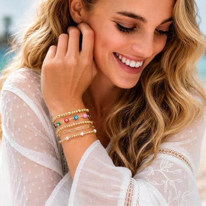 XUANPAI Evil Eye Bracelet for Women, 14K Gold Plated Beaded Bracelet Set | 5PCS Stackable Dainty Nazar Bracelet, Adjustable Turkish Eye Good Luck Protection Jewelry Gift for Mother’s Day Birthday - color: Multicolor