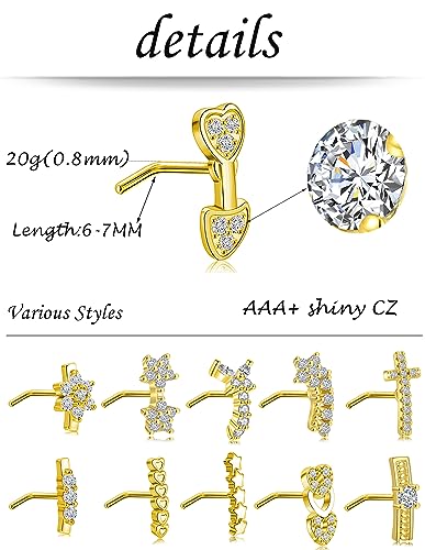 Akeoqi 6-12Pcs Nose Studs Nose Ring Inlaid Cubic Zirconia L Shaped Studs Lotus Star Heart Nose Nostril Piercing Jewelry for Women Men Sliver Gold Rose Gold Tone 20G - color: D: 12-Gold