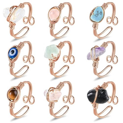 9 PCS Healing Crystal Ring, Adjustable Wire Wrapped Rings Irregular Gemstone Rings Set for Women - color: Rose Gold-Style A
