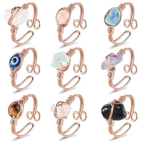 9 PCS Healing Crystal Ring, Adjustable Wire Wrapped Rings Irregular Gemstone Rings Set for Women - color: Rose Gold-Style A