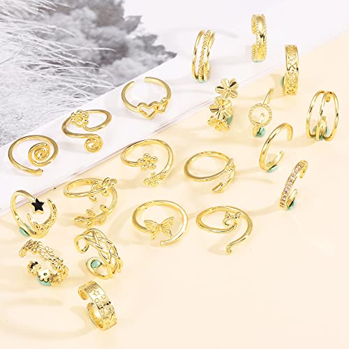 Staligue 20pcs Adjustable Toe Rings Set for Women Fingers Joint Tail Summer Beach Arrow Flower Open Rings Foot Jewelry - color: Golden
