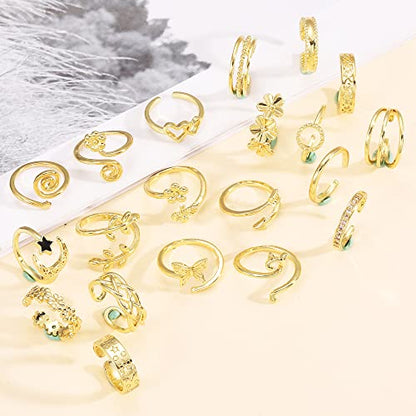 Staligue 20pcs Adjustable Toe Rings Set for Women Fingers Joint Tail Summer Beach Arrow Flower Open Rings Foot Jewelry - color: Golden