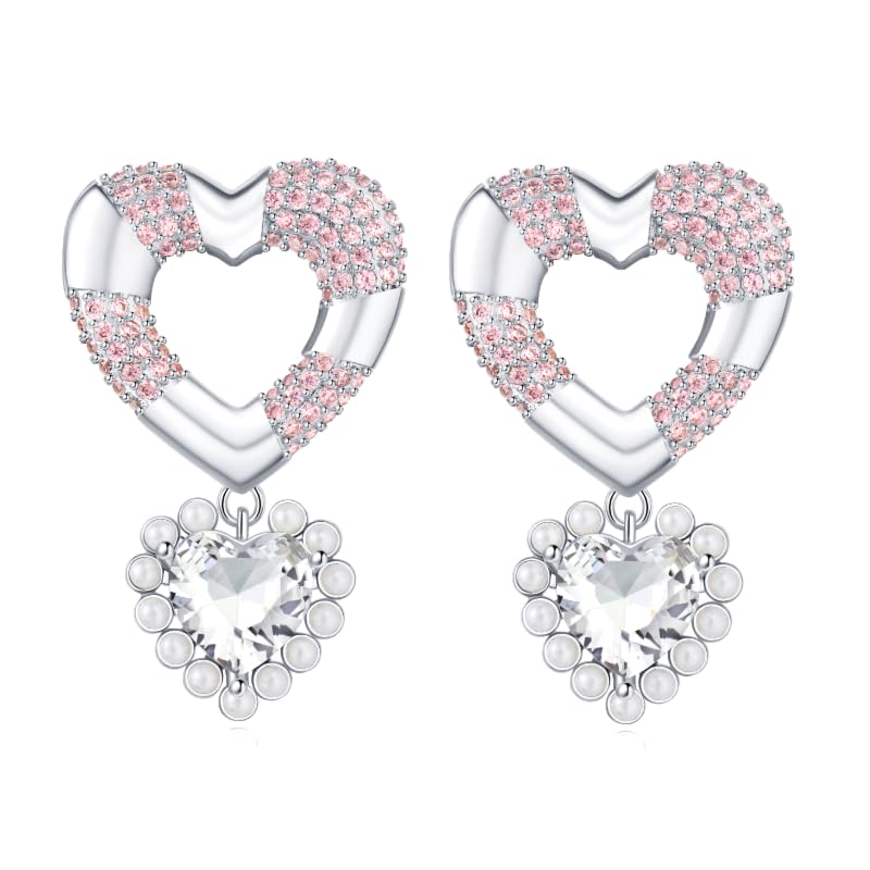 18K Gold Plated & Silver Chunky Heart & Bow Earrings for Women, Chunky Heart Dangle Hoops/Tiny Studs, Kawaii Dainty Hypoallergenic Jewelry for Multiple Piercings, Gift for Her - style: Pink Zircon Love