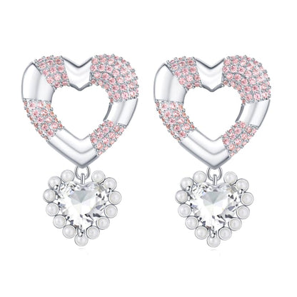 18K Gold Plated & Silver Chunky Heart & Bow Earrings for Women, Chunky Heart Dangle Hoops/Tiny Studs, Kawaii Dainty Hypoallergenic Jewelry for Multiple Piercings, Gift for Her - style: Pink Zircon Love