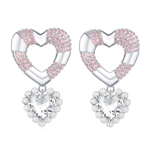 18K Gold Plated & Silver Chunky Heart & Bow Earrings for Women, Chunky Heart Dangle Hoops/Tiny Studs, Kawaii Dainty Hypoallergenic Jewelry for Multiple Piercings, Gift for Her - style: Pink Zircon Love