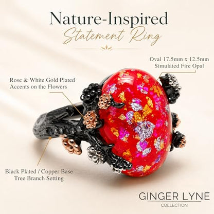 Henrietta Gothic Opal Ring for Women, Fantasy Promise Ring by Ginger Lyne | Simulated White Fire Opal, Cubic Zirconia Black Rose Gold Plated Bold Jewelry Statement Piece For Engagements, Gifts & Events - color: Red
